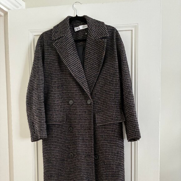 Zara Houndstooth Long Coat, Doublebreasted (Blue, Brown, Black), Wool Blend - Picture 3 of 6